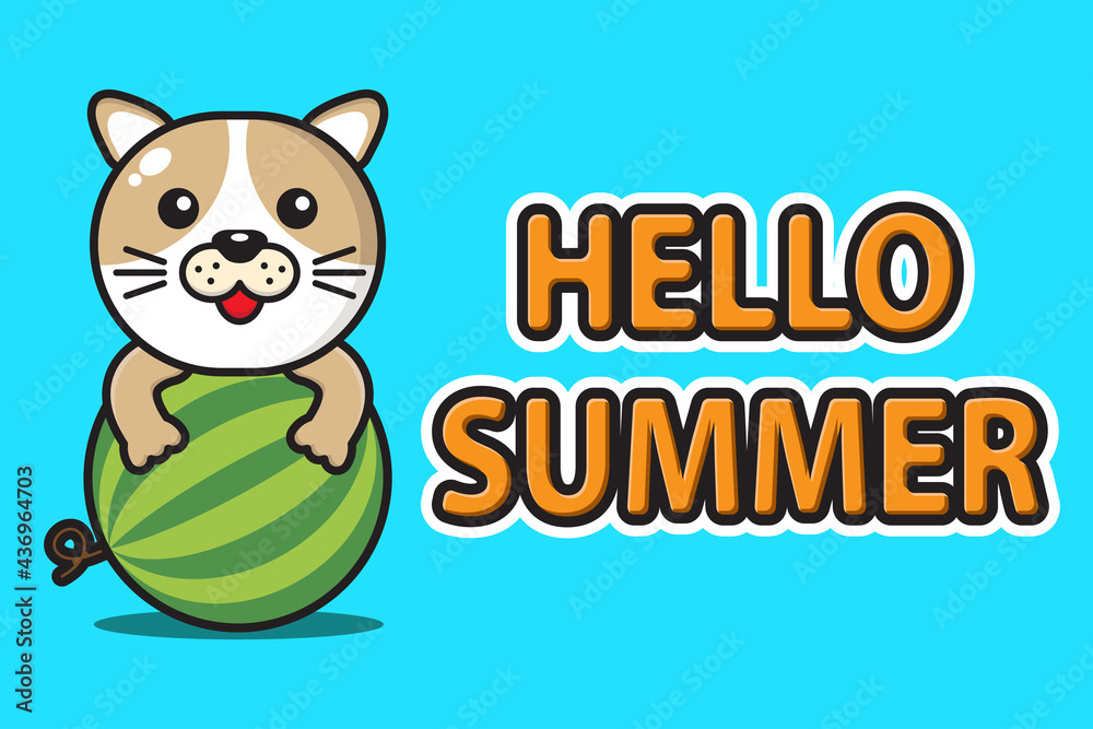 Naklejka premium cute mascot dog hugging watermelon with hello summer greeting banner