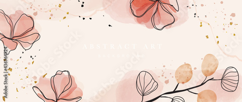 Abstract art background vector. Luxury minimal style wallpaper with golden line art flower and botanical leaves, Organic shapes, Watercolor. Vector background for banner, poster, Web and packaging.
 photo
