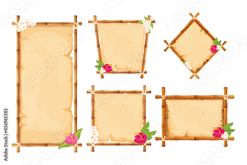 Set hawaiian bamboo frames with parchment and tropical flowers in cartoon style isolated on white background. Empty signboard, template poster.
