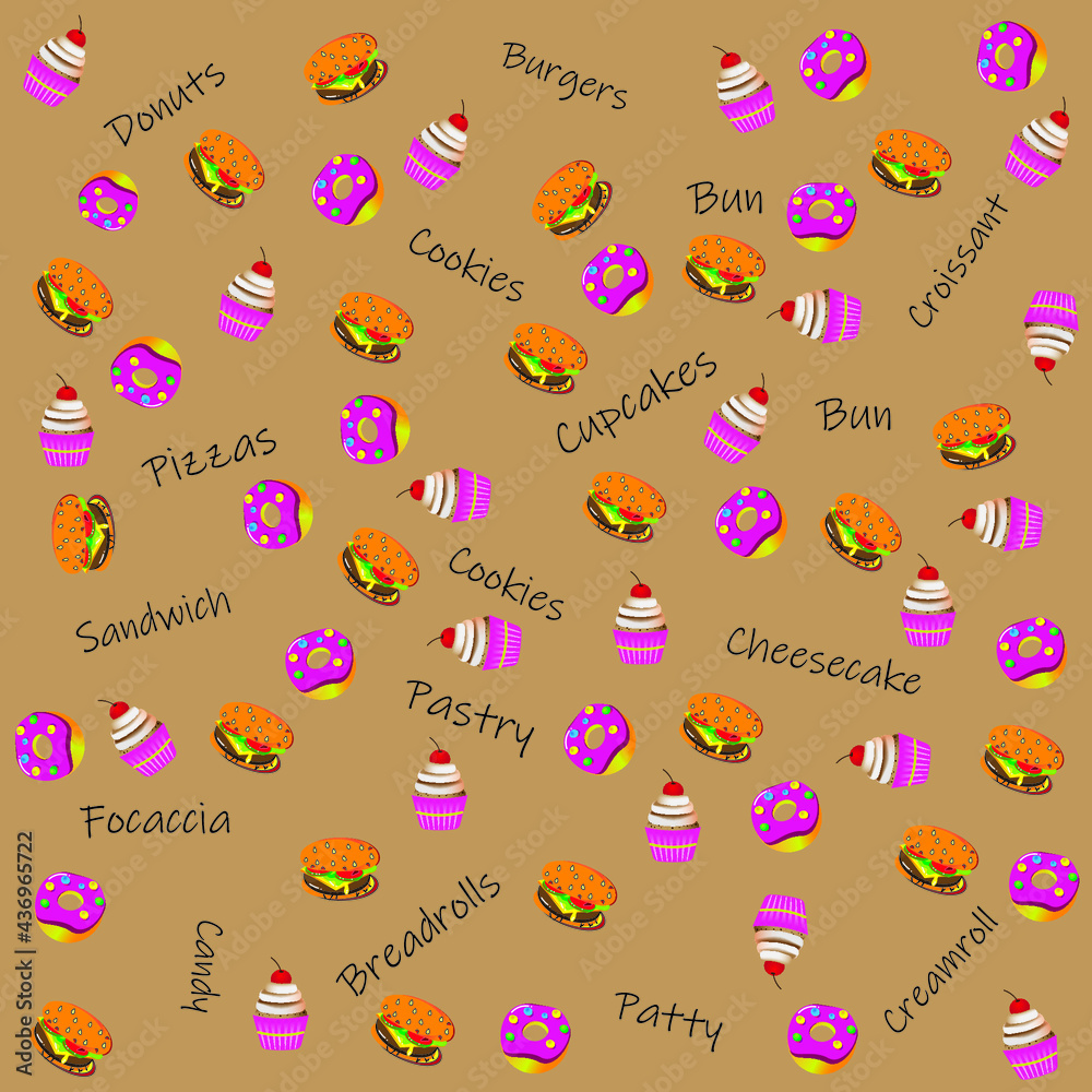 Bakery and confectionery item vector art on a light brown background. Posters and brochures. Bakery and confectionery item vector art on a light brown background. Posters and brochures.