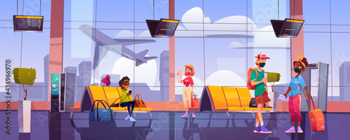 Travelers in airport waiting room, tourists in face masks with luggage wait plane boarding in terminal during coronavirus pandemic. People in departure area interior, Cartoon vector illustration