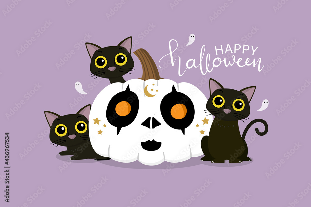 Happy Halloween greeting card with cute black cat and spooky pumpkin painting witch face . Animal holidays cartoon character. -Vector. Happy Halloween greeting card with cute black cat and spooky pumpkin painting witch face . Animal holidays cartoon character. -Vector.
