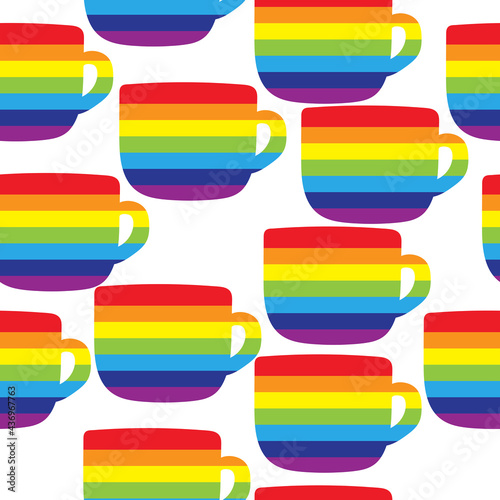 Seamless pattern of silhouettes of rainbow cups  bright striped symbolic cups on a white background
