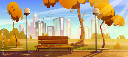 Autumn park with orange trees, wooden bench, lanterns and town buildings on skyline. Vector cartoon landscape with empty public garden, city, birds and sun beams
