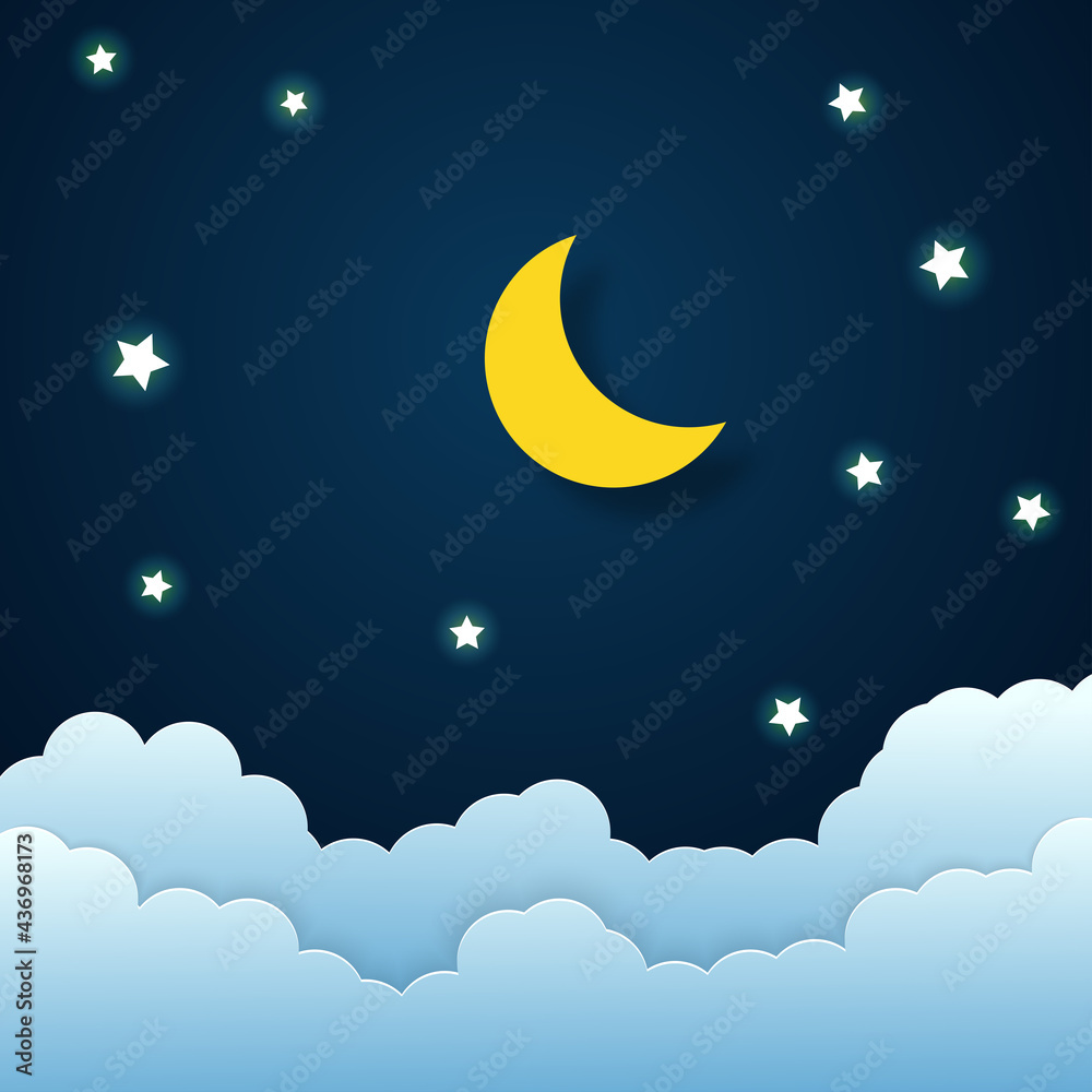night sky with stars and moon. paper art style. Dreamy background with moon stars and clouds, abstract fantasy background. Half moon, stars and clouds on the dark night sky background. night sky with stars and moon. paper art style. Dreamy background with moon stars and clouds, abstract fantasy background. Half moon, stars and clouds on the dark night sky background.