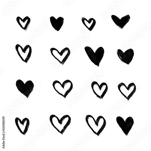 Hand drawn hearts. Design elements for Valentine's day. Hand drawn rough marker hearts isolated on white background. Set of unique hand drawn hearts. Painted design elements.