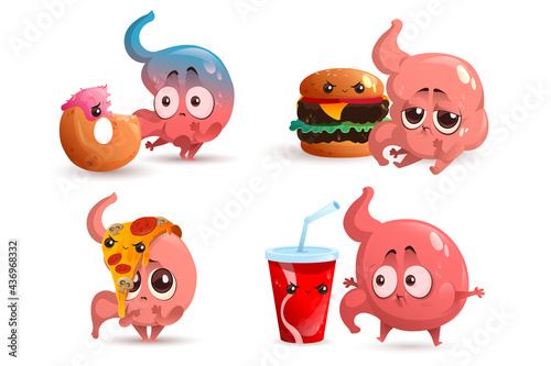 Sad stomach character with fast food. Human gastric bloating, indigestion and stomachache. Vector set of cartoon sick digestion organ with hamburger, pizza, donut and soda isolated on white background