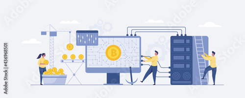 Bitcoin mining tiny people get bitcoin. And investment digital technology. illustration Vector
