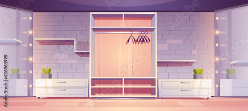 Empty walk-in closet, modern wardrobe room interior with hangers, shelves and drawers on wall decorated with bricks, mirrors with lamp illumination and potted plants, Cartoon vector illustration