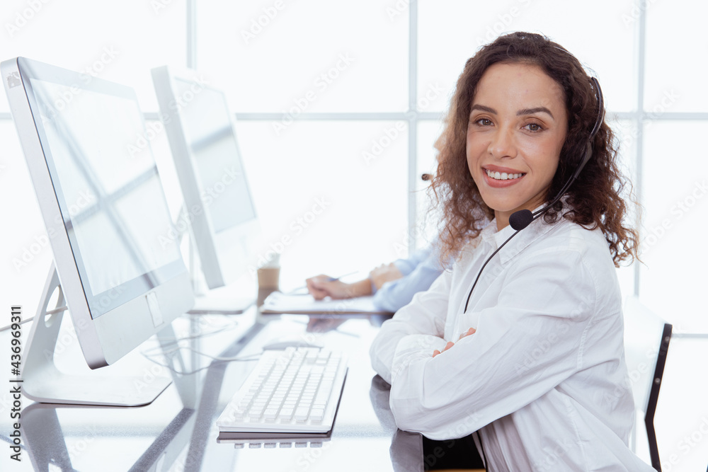 Portrait African American Caucasian women business office call center operator. Helpdesk support phone call team worker female teen smile with microphone headset.telesale marketing agant people. Portrait African American Caucasian women business office call center operator. Helpdesk support phone call team worker female teen smile with microphone headset.telesale marketing agant people.
