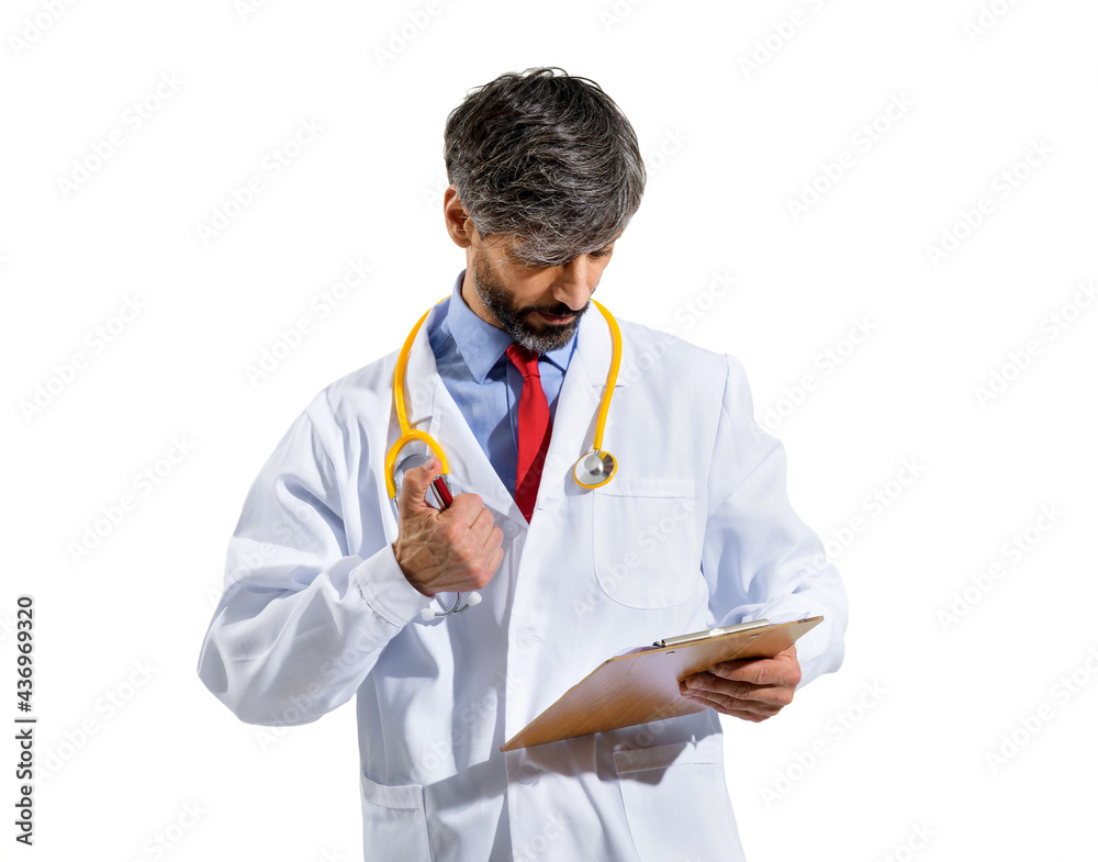 Doctor consulting patient records or notes on a clipboard Doctor consulting patient records or notes on a clipboard