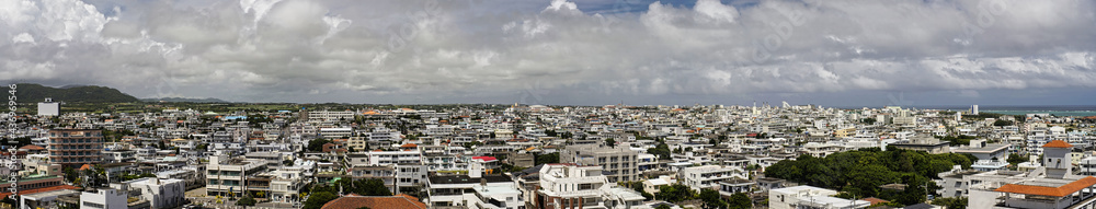 Okinawa,Japan - May 21, 2021: Panoramic view of Ishigaki City, Okinawa, Japan, from Ishigaki port
