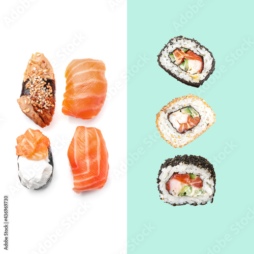 Set of tasty sushi on color background