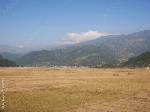 Landscape farmland and nepali people transplant seeding paddy or rice field in countryside rural and himalaya range with cityscape Pokhara hill valley village city of Gandaki Pradesh in Pokhara, Nepal