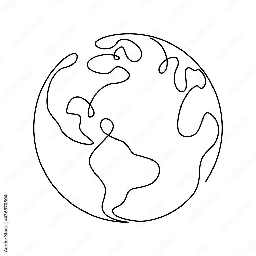 Earth globe in one continuous line drawing. Round World map in simple 
