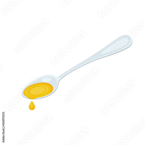 Spoon with oil. Dietary olive oil in a silver spoon. Vector illustration flat design. Isolated on white background. Pattern for cooking and demonstration of natural product.