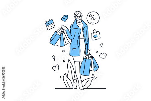 stylist happy woman shopping fashion Hand drawn minimalist vector Illustration for presentation, website, mobile and print.