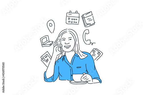 businesswoman talk business on the phone Hand drawn minimalist vector Illustration for presentation, website, mobile and print.