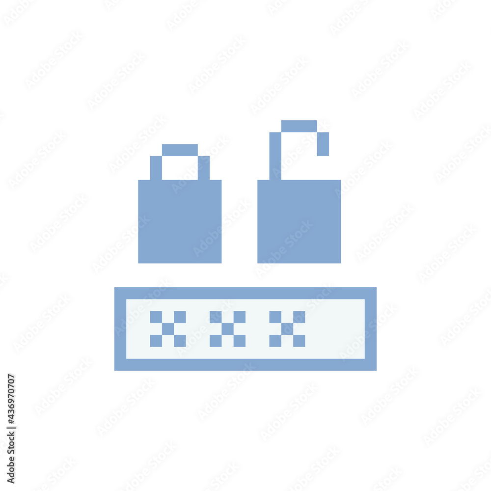 Lock and password icon. Pixel art flat style. Network and internet security. Design of websites and mobile apps. 8-bit. Game assets. Retro video game sprite. Isolated abstract vector illustration. Lock and password icon. Pixel art flat style. Network and internet security. Design of websites and mobile apps. 8-bit. Game assets. Retro video game sprite. Isolated abstract vector illustration.
