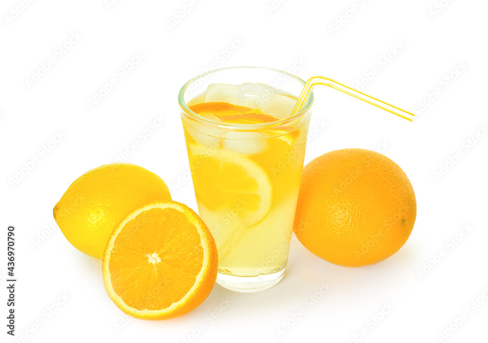 Glass of tasty cold lemonade and citrus fruits on white background Glass of tasty cold lemonade and citrus fruits on white background