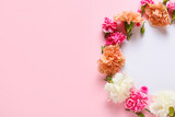 Frame made of beautiful carnation flowers on color background