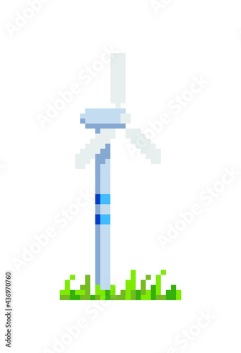 Windmill. Electricity energy symbols pixel art icons. Modern technology. Clean renewable sun energy charging stations. Isolated vector illustration. Design logo and app. Game assets 8-bit.