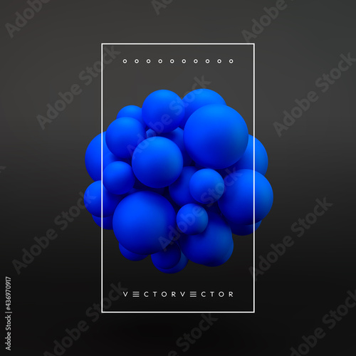 Molecule. Blue balls. Multiple spheres on a larger sphere. Concepts of chemistry research, graphic of molecule structure. Group of atoms. 3d vector illustration for science, education or medicine.