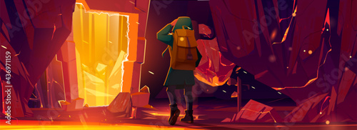 Traveler man stand at teleport or magic portal in stone frame inside of mountain cave. Fantasy scene hiker with backpack discover ancient secret door to parallel world, Cartoon vector illustration