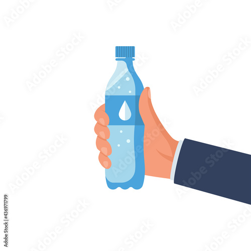 Bottle of water holding in hands of a man. Vector illustration flat design. Isolated on white background. Clean mineral water bottle. Container aqua.