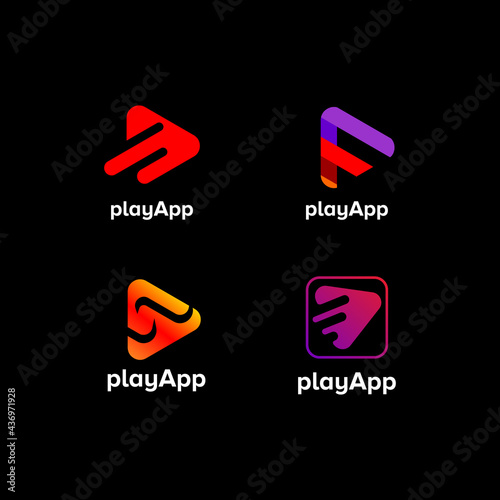 initial letter F with play icon for music app logo vector. modern icon mobile phone