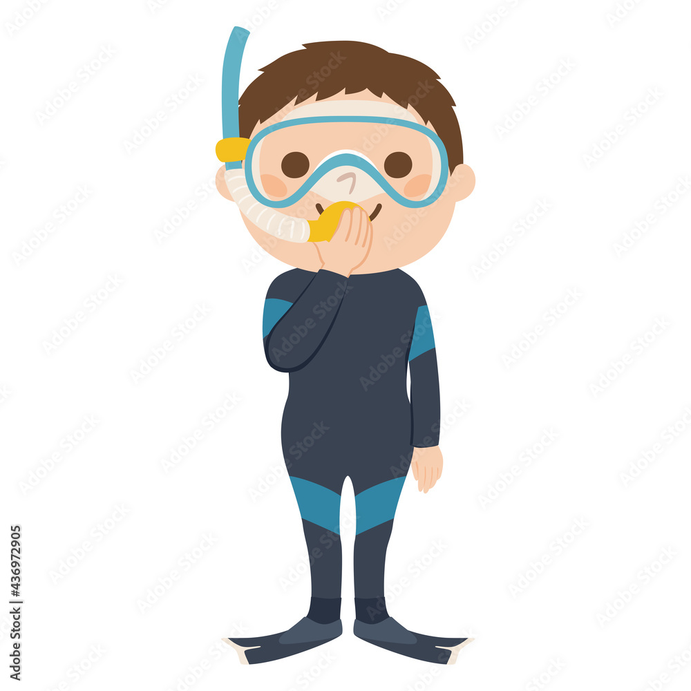 男性ダイバーのイラスト。ダイビングスーツとシュノーケリングマスクとフィンを付けてる若い男性。