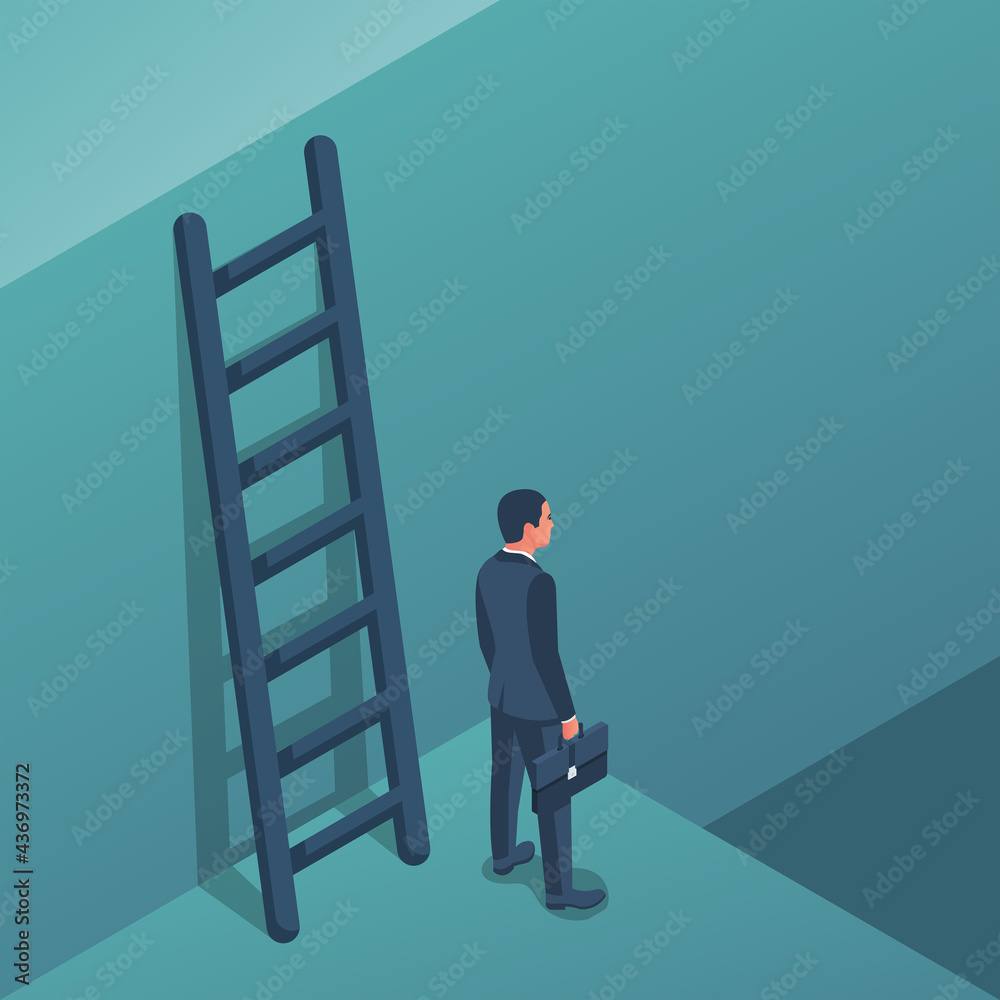 Decision concept. Decide direction, up or down. Businessman standing choice of ways. Defore choosing. Vector illustration isometric design. Isolated on white background.