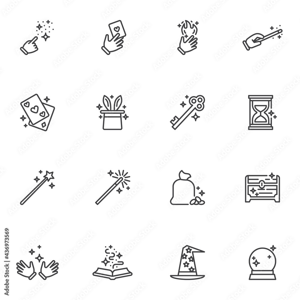 Fototapeta premium Magic tricks line icons set
