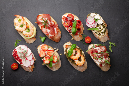 Appetizers board with traditional spanish tapas set. Italian antipasti snacks