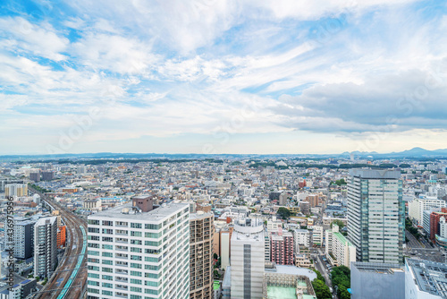 city skyline aerial view of Sendai in Japan