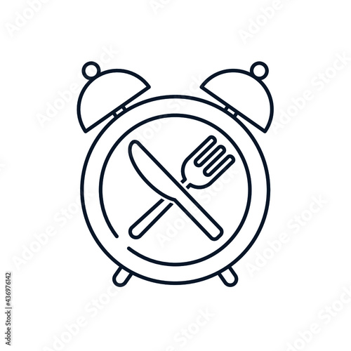 Alarm clock, knife, fork. The concept of lunch time, diet. Vector icon isolated on white background. 