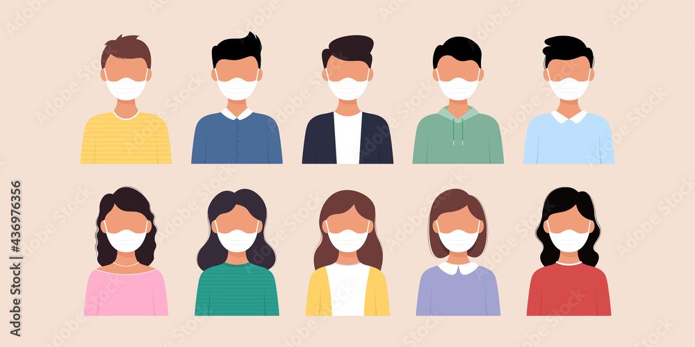 Set of man and woman wearing medical mask flat style icon design. Set of man and woman wearing medical mask flat style icon design.