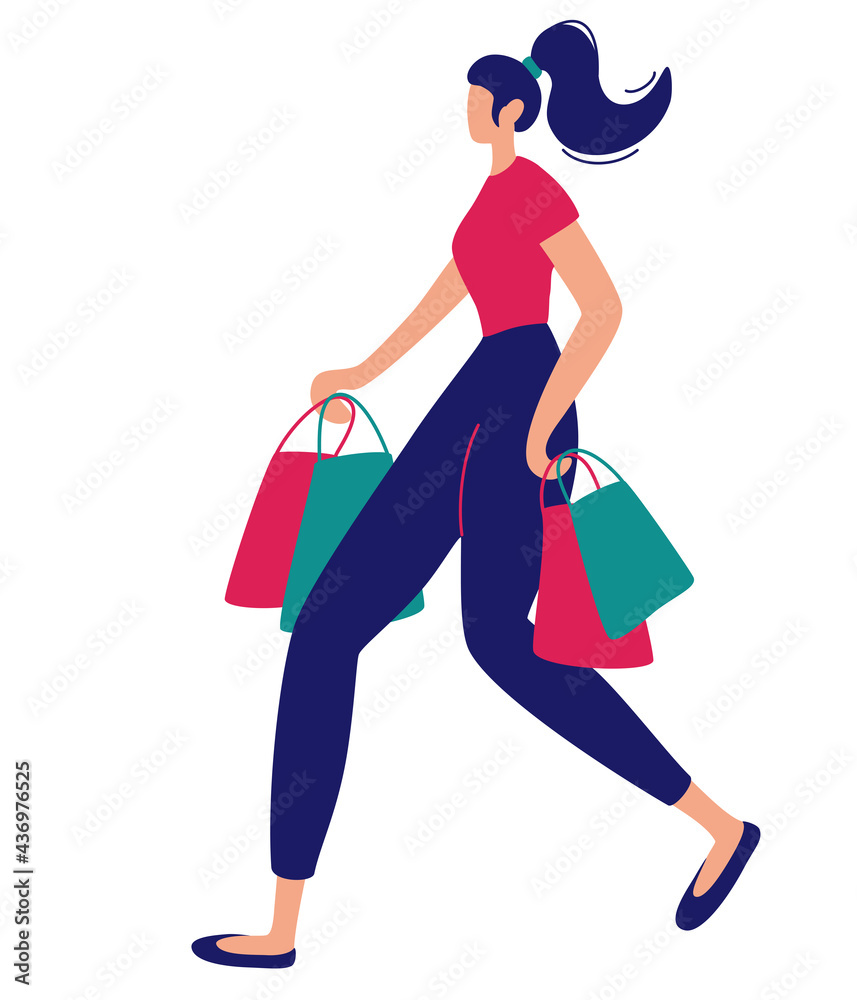 Woman with shopping bags. Female character with packages in her hands on white background. Sale advertising concept. Vector flat illustration.
