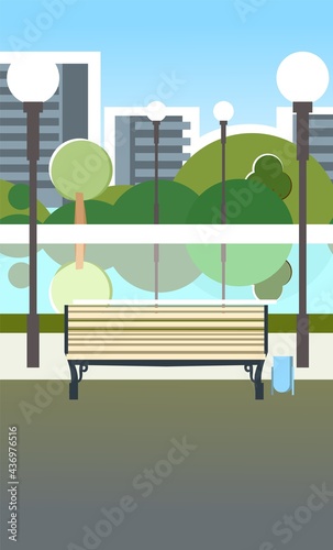 Bench and pond. City park area. Trees, shrubs and lanterns. Beautiful summer cityscape in restrained colors. A place to relax, walk and date. Beautiful background picture. Lawn. Vector.