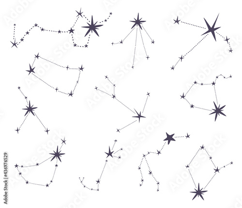 Constellations of the zodiac signs. Hand draw sketches of astrological symbols. Aries  Taurus  Leo  Gemini  Virgo  Scorpio  Balance  Aquarius  Sagittarius  Fish  Capricorn  Cancer.  Vector icons set