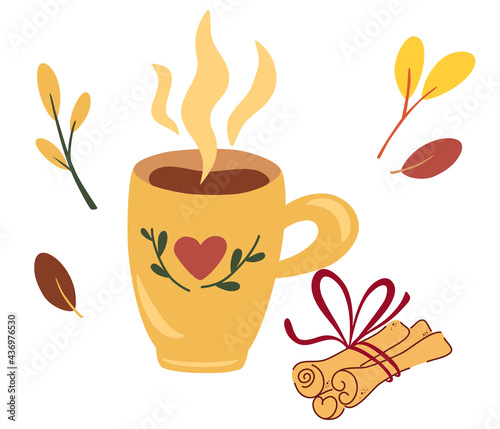 Cup of tea with cinnamon sticks. Autumn mood. Concept for preparing a hot drink  coffee or cocoa with cinnamon. Vector illustration in the flat style.