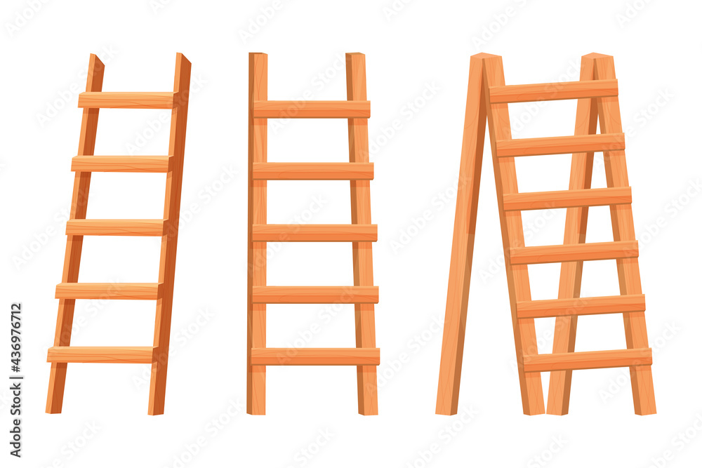 Set wooden ladder in flat cartoon style isolated on white background. Household equipment, portable stairs. Tool, icon. Set wooden ladder in flat cartoon style isolated on white background. Household equipment, portable stairs. Tool, icon.
