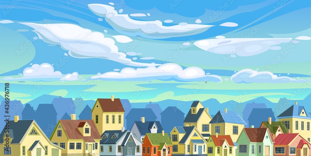 A village or a small rural town. Small houses. Street in a cheerful cartoon flat style. Small cozy suburban cottages with sky. Vector.