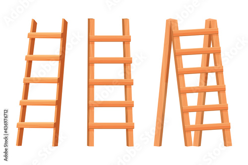 Set wooden ladder in flat cartoon style isolated on white background. Household equipment, portable stairs. Tool, icon.