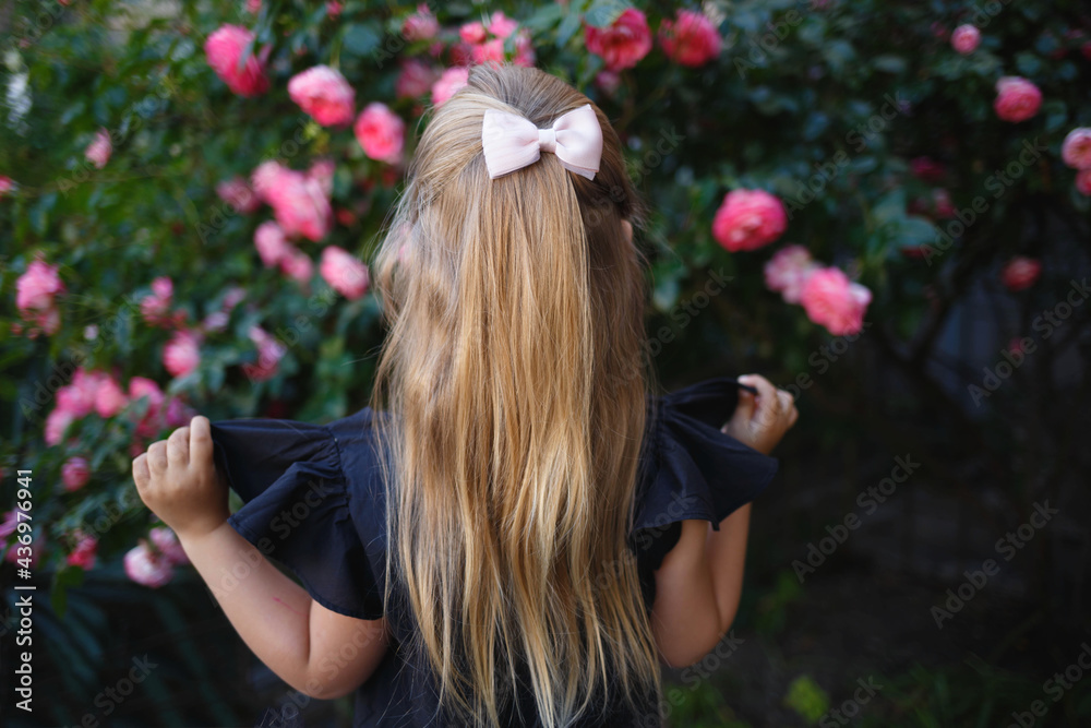 Naklejka premium portrait of a little cute girl on the background of bushes of pink roses. back view