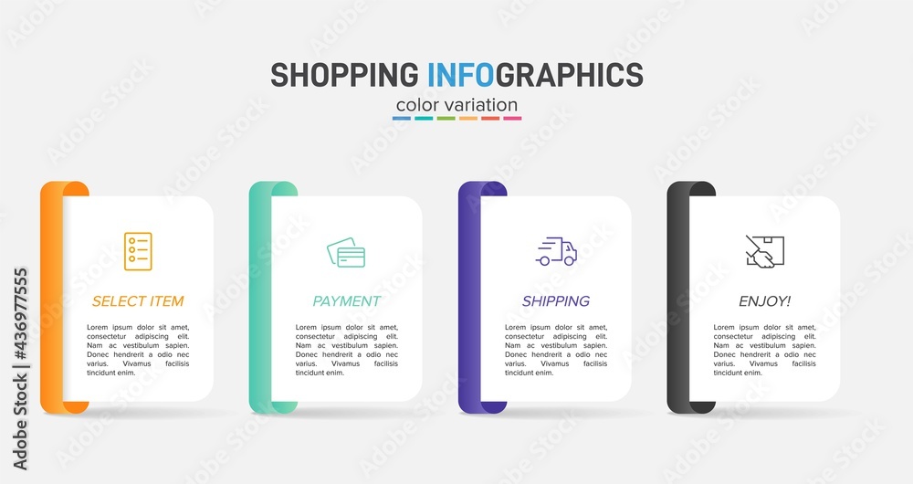 Obraz premium Concept of shopping process with 4 successive steps. Four colorful graphic elements. Timeline design for brochure, presentation, web site. Infographic design layout.