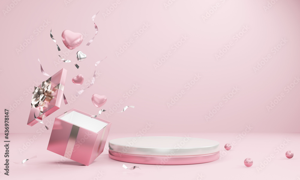 Minimal product background for Christmas, New year, Valentine concept. Pink gift box with pink ribbon bow on pink background. 3d render illustration. Clipping path of each element included. Minimal product background for Christmas, New year, Valentine concept. Pink gift box with pink ribbon bow on pink background. 3d render illustration. Clipping path of each element included.