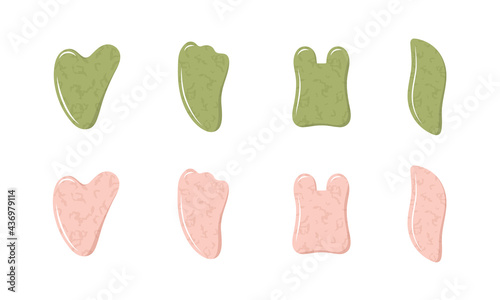 Gua sha for facial massage. Collection of different shape natural pink quartz and green nephrite stones. Skin care and morning routine. Vector illustration in flat cartoon style.