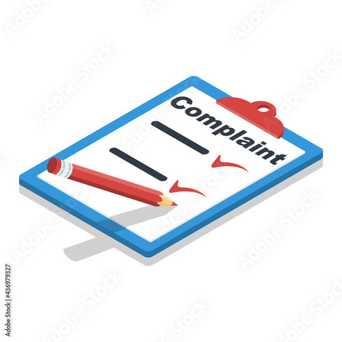 Complaint concept isometric concept. Clipboard and pencil. Vector illustration 3d design. Measures to solve problems. Claim petition. Sign the document on the application.