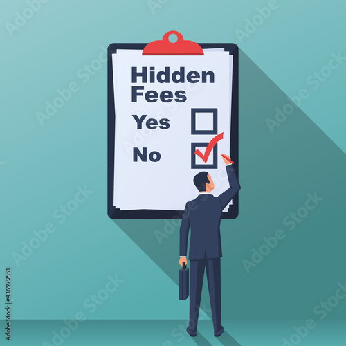 No Hidden Fees. Clipboard in hand with pen. Make mark lack of fees. Absence of payments. Vector illustration flat design. Isolated on white background.